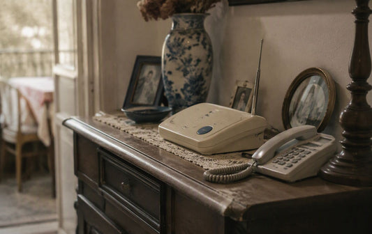 Ancien boîtier de téléassistance et téléphone fixe posés sur un buffet en bois